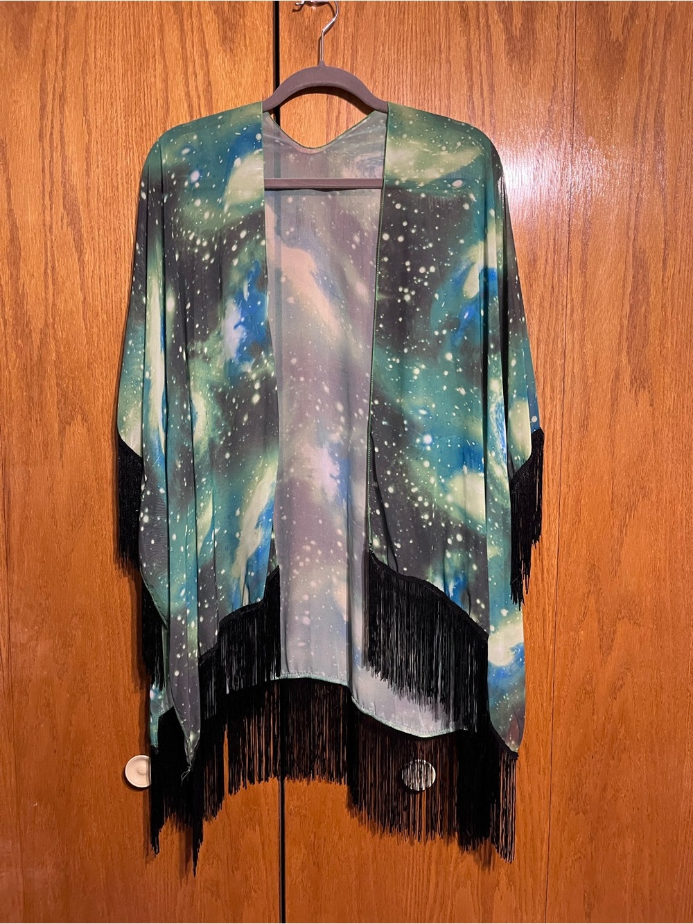 Open Front Fringe Kimono in Green Galaxy Print
